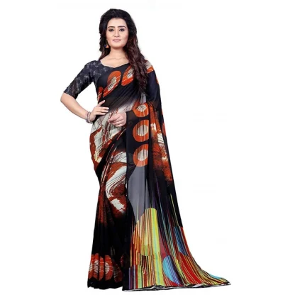 Printed Faux Georgette Black Color Saree