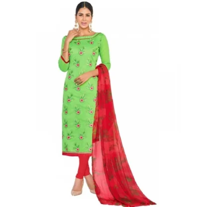 Womens Chanderi Regular Unstitched Salwar-Suit Material With Dupatta (Green, Red, 2 mtr)