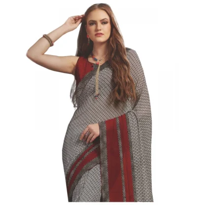 Womens Georgette Digital Printed Saree (Grey, Red, 6.25 Mtr) - Image 2