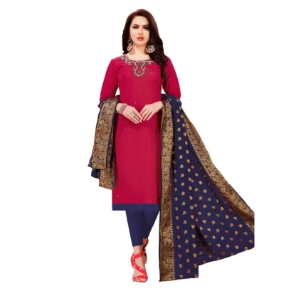 Women's Slub Cotton Unstitched Salwar-Suit Material With Dupatta (Magenta, 2-2.5mtrs)