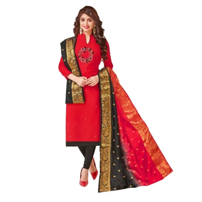 Women's South Slub Cotton Unstitched Salwar-Suit Material With Dupatta (Red, 2-2.5mtrs)