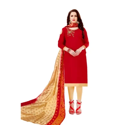 Women's Slub Cotton Unstitched Salwar-Suit Material With Dupatta (Red, 2-2.5mtrs)