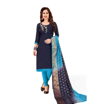 Women's Slub Cotton Unstitched Salwar-Suit Material With Dupatta (Navy Blue, 2-2.5mtrs)