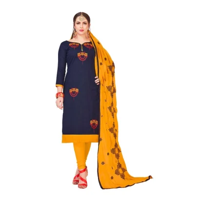 Women's Slub Cotton Unstitched Salwar-Suit Material With Dupatta (Navy Blue, 2-2.5mtrs)