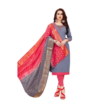 Women's Slub Cotton Unstitched Salwar-Suit Material With Dupatta (Grey, 2-2.5mtrs)