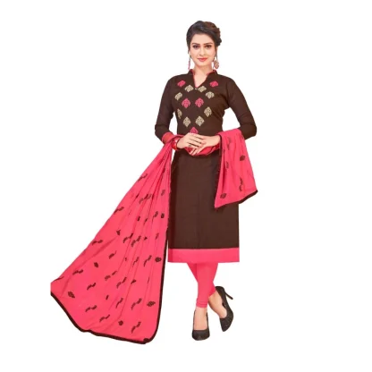 Women's Slub Cotton Unstitched Salwar-Suit Material With Dupatta (Brown, 2-2.5mtrs)