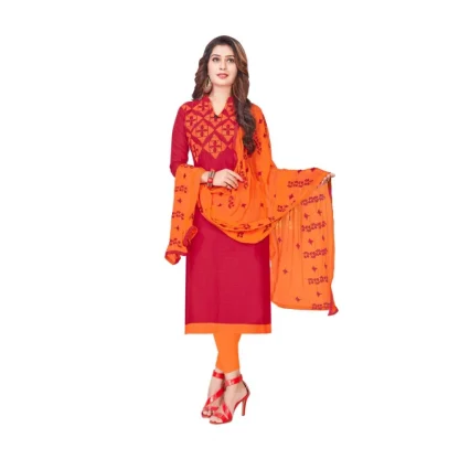 Women's Slub Cotton Unstitched Salwar-Suit Material With Dupatta (Red, 2 Mtr)