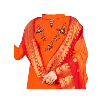 Women's South Slub Cotton Unstitched Salwar-Suit Material With Dupatta (Orange, 2 Mtr) - Image 2