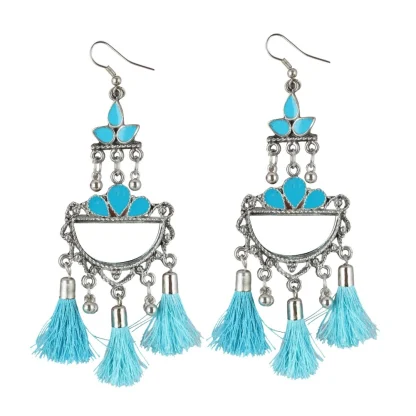 Women's Oxidized Silver plated Firoji Tassels Earrings-silver, Blue