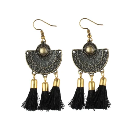 Women's Gold Plated Tassel Fashion Earrings-Black