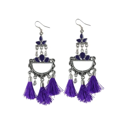 Women's Silver Plated Afgani Tassel Earrings-Purple