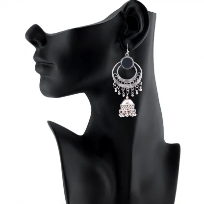 Women's Silver Oxidized Hook Dangler Hanging Afgani Tribal Fancy Earrings-Silver - Image 2