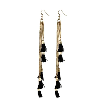 Women's Alloy, Beads Hook Dangler Hanging Tassel Earrings-Black