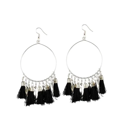 Women's Alloy Hook Dangler Hanging Tassel Fashion Earrings-Black