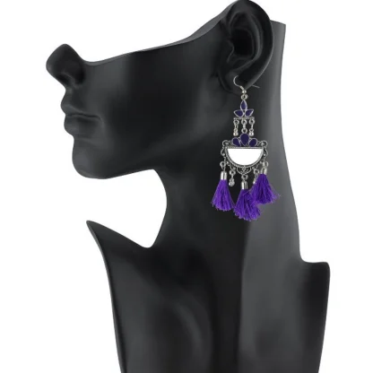 Women's Silver Plated Afgani Tassel Earrings-Purple - Image 2