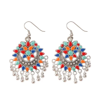 Women's Oxidize Silver plated Hook Dangler Hanging Afgani Earrings-Multicolour