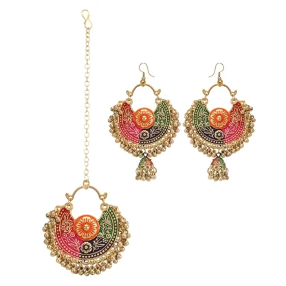 Women's Gold Oxidized Earrings and Maang Tikka-Multi