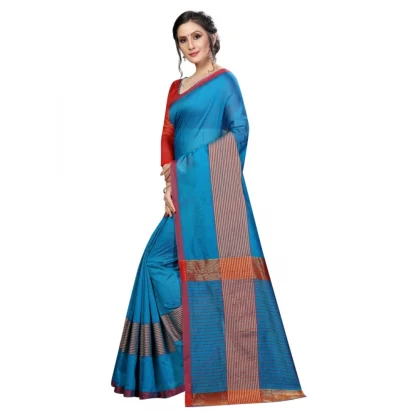 Women's Cotton Saree With Blouse (Sky Blue, 5-6 Mtrs) - Image 3