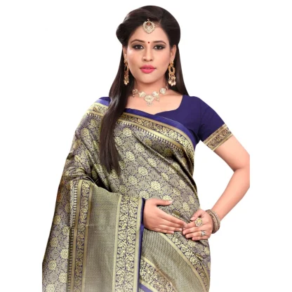 Women's Banarasi silk Saree with Blouse (Navy blue, 5-6mtr) - Image 2