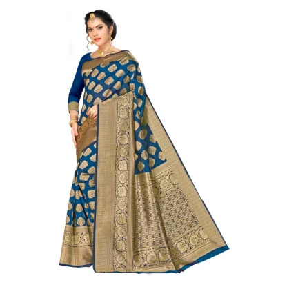 Women's Banarasi silk Saree with Blouse (Navy blue, 5-6mtr)