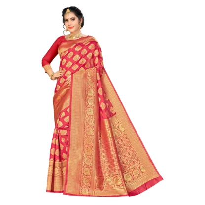 Women's Banarasi silk Saree with Blouse (Red, 5-6mtr)