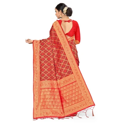 Women's Banarasi silk Saree with Blouse (Red,black, 5-6mtr) - Image 2