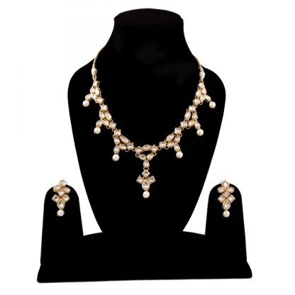 Designer Pearl Gold Plated Kundan Necklace Set - Image 3