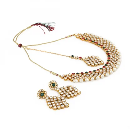 Gold Plated Kundan Jewellery Necklace Set With Earrings - Image 3