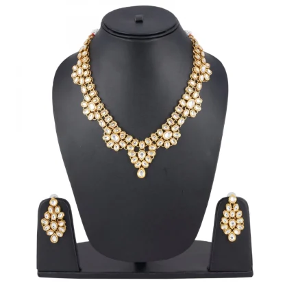 Golden Crystal Jewellery Kundan Necklace Set With Earrings - Image 3