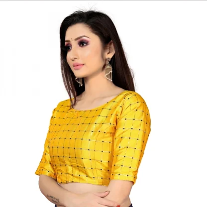 Women's Brocade, Inner-Cotton Full Stitched Padded Blouse (Yellow ) - Image 3