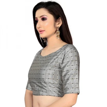 Women's Brocade, Inner-Cotton Full Stitched Padded Blouse (Light Gray ) - Image 3