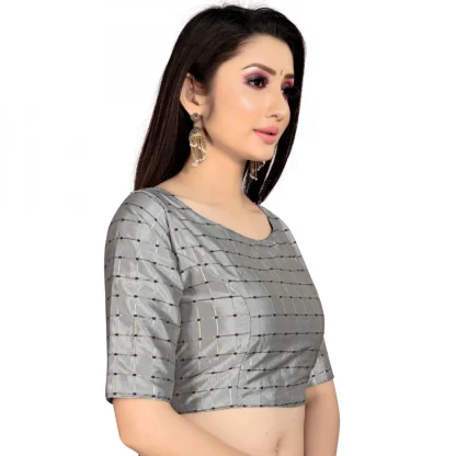 Women's Brocade, Inner-Cotton Full Stitched Padded Blouse (Light Gray ) - Image 4