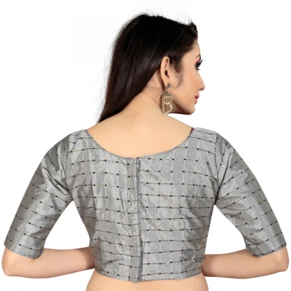 Women's Brocade, Inner-Cotton Full Stitched Padded Blouse (Light Gray ) - Image 5