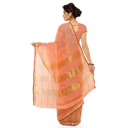 Women's Kota Doria Cotton Saree With Blouse (Peach,6-3 Mtrs) - Image 3