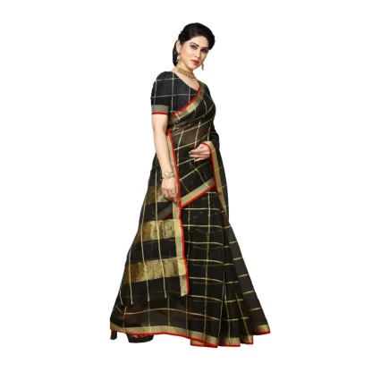 Women's Kota Doria Cotton Saree With Blouse (Black,6-3 Mtrs) - Image 2