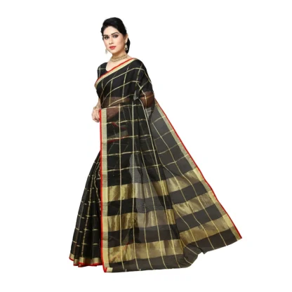 Women's Kota Doria Cotton Saree With Blouse (Black,6-3 Mtrs) - Image 3