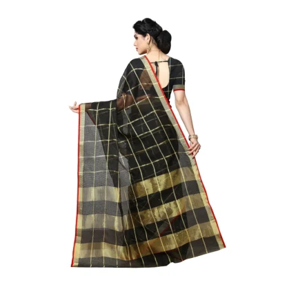 Women's Kota Doria Cotton Saree With Blouse (Black,6-3 Mtrs) - Image 4