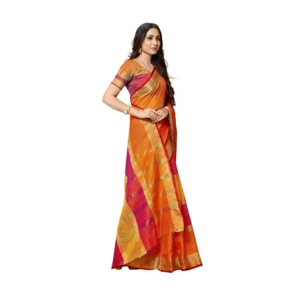 Women's Kota Doria Cotton Saree With Blouse (Orange,6-3 Mtrs) - Image 3