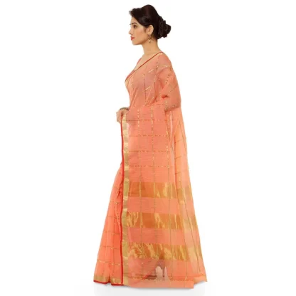 Women's Kota Doria Cotton Saree With Blouse (Peach,6-3 Mtrs) - Image 2