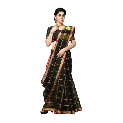 Women's Kota Doria Cotton Saree With Blouse (Black,6-3 Mtrs) - Image 5