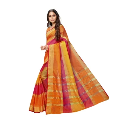 Women's Kota Doria Cotton Saree With Blouse (Orange,6-3 Mtrs) - Image 4