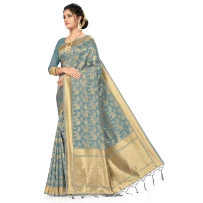 Women's Banarasi (Spun Cotton) Saree (Grey,5-6 Mtrs) - Image 3