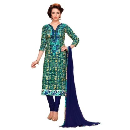 Women's Glaze Cotton Unstitched Salwar Suit-Material With Dupatta (Blue & Green,2.3 Mtrs)