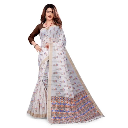 Women's Cotton Blend Saree(White ,5-6Mtrs)