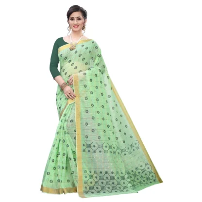 Women's Cotton Blend Saree(Parrot Green ,5-6Mtrs)