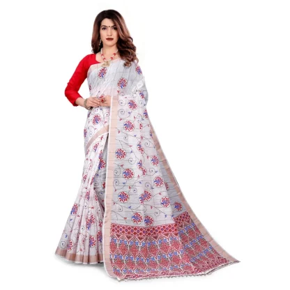 Women's Cotton Blend Saree(White ,5-6Mtrs)