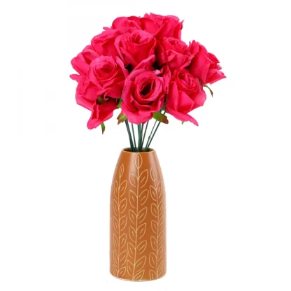 Silk Polyester Artificial Rose Flowers Bunch Bouquet Of 12 Roses For Home Decoration (Color: Pink,Length: 17 Inches)