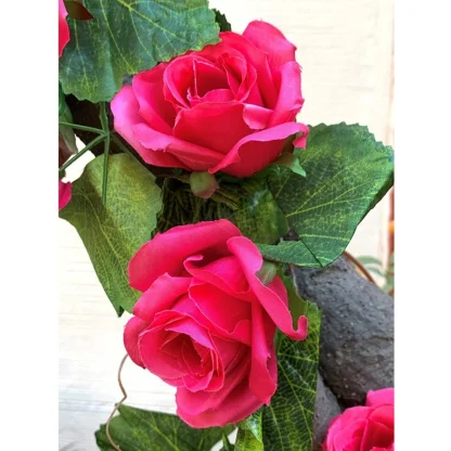 Silk Polyester Artificial Big Dark Pink Rose Vine Flowers With Green Leaves For Wall Decoration (Color: Pink,Length: 7.5 Feet) - Image 2