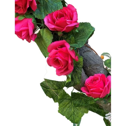 Silk Polyester Artificial Big Dark Pink Rose Vine Flowers With Green Leaves For Wall Decoration (Color: Pink,Length: 7.5 Feet)