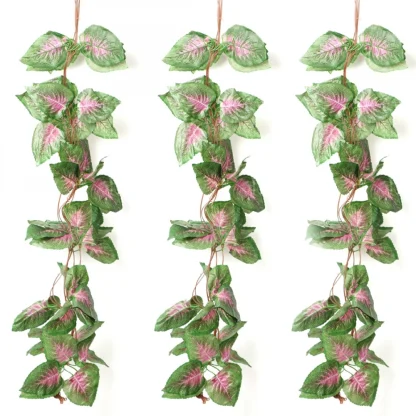 Pack Of 5 Silk Polyester Artificial Shaded Pink Green Leaf Vine Hanging Garland Foliage Flowers Leaf Plants For Wall Decoration (Color: Pink-Green,Length: 15 Feet)